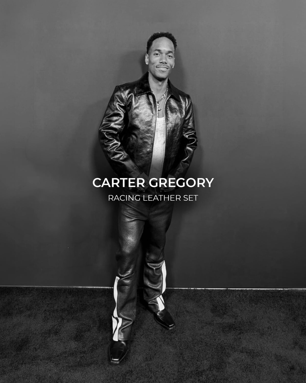 CARTER GREGORY actor  in racer leather set from ROUGH.