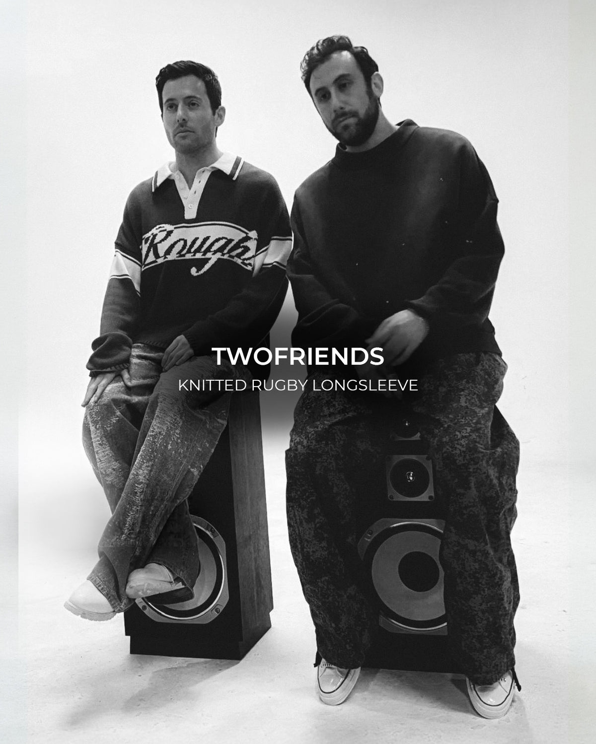 TWOFRIENDS podcast actor in knnitted rugby longsleeve from ROUGH.