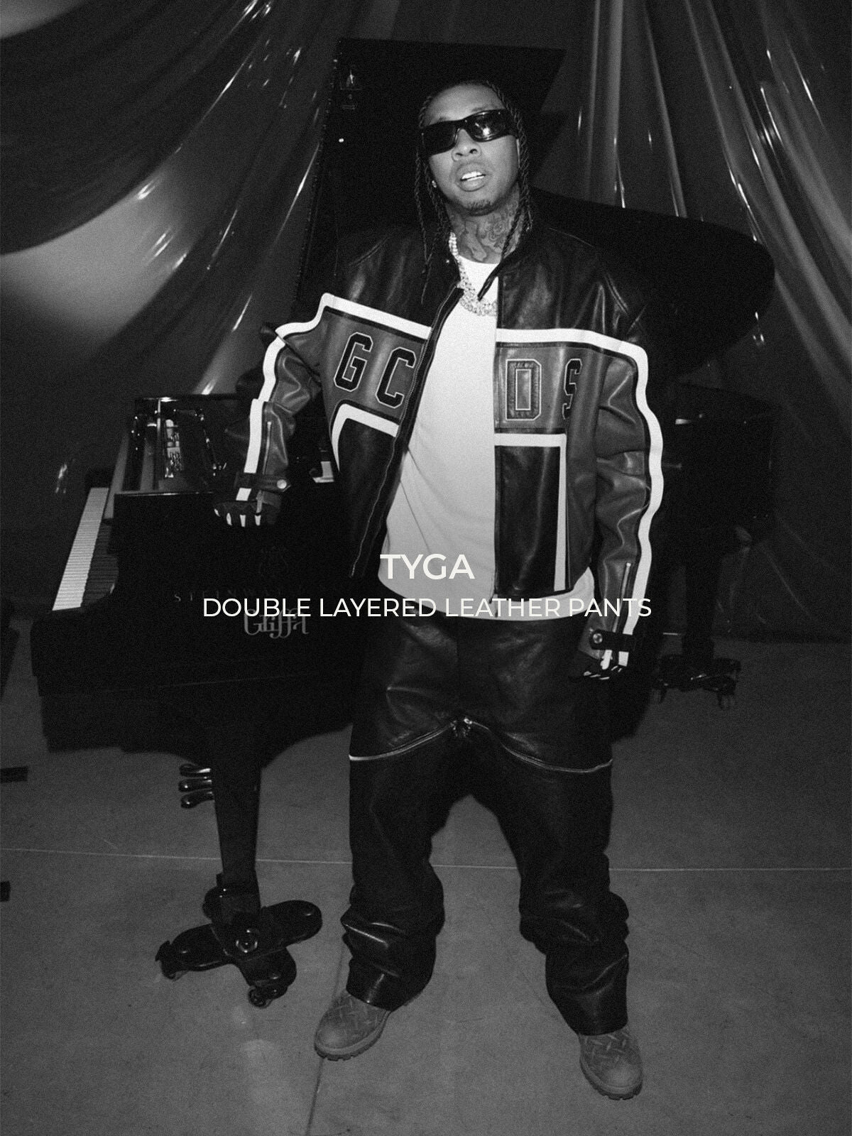 TYGA rapper in double layered leather pants from ROUGH.